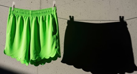 Bright green shorts hanging on clothesline with sharp shadow on wall
