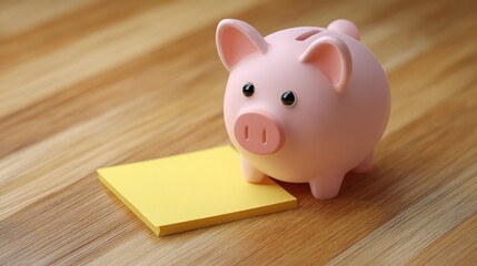 Piggy bank standing by blank sticky notes on wooden table, copy space