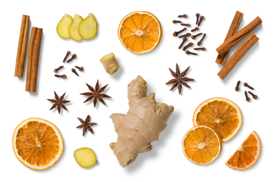 Collection of natural winter and Christmas elements, including dried orange slices, cinnamon sticks, star anise, fresh ginger, cloves and ginger slices isolated on a transparent background, PNG. - Powered by Adobe