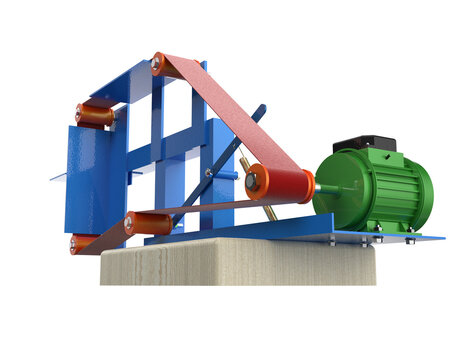 Professional Industrial Belt Grinder and Edges Sharpener Tool: Detailed 3D Model of Powerful Abrasive Machinery Equipment for Precision Metal Working and Surface Preparation on PNG Background.