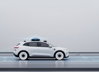 Modern white autonomous car with roof-mounted lidar sensor system on smart digital road