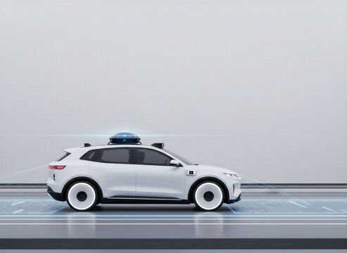 Modern white autonomous car with roof-mounted lidar sensor system on smart digital road