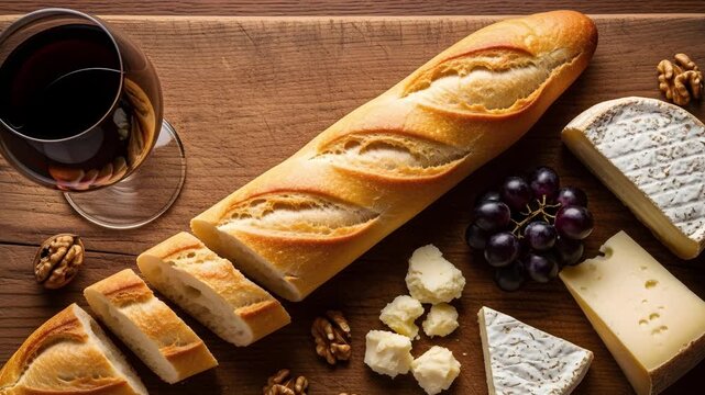 Rustic Culinary Delight: A delectable arrangement of a freshly baked baguette, assorted cheeses, succulent grapes, walnuts, and a glass of rich red wine.