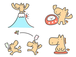 正月を楽しむかわいい馬のセット　富士山　初日の出　達磨　羽根つき　挨拶