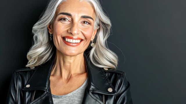 Radiant Senior Beauty: A portrait of a stunning senior woman radiates joy and confidence. She smiles gently, showcasing her natural beauty and vibrant personality.