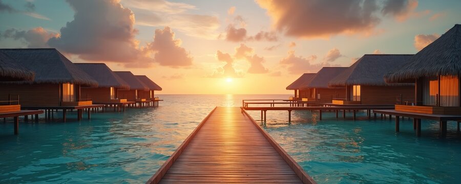 Wooden walkway leads to overwater bungalows on calm turquoise sea at tropical sunset. Orange sky clouds reflect on water surface. Peaceful island resort at golden hour.