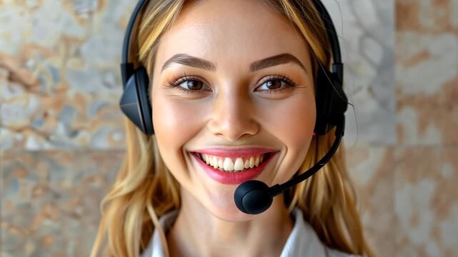Radiant Support Specialist: A close-up view of a friendly, female customer service agent, showcasing her warm smile and headset, embodying professionalism and approachability.