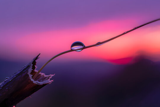 Dewdrop on Grass Blade at Sunset