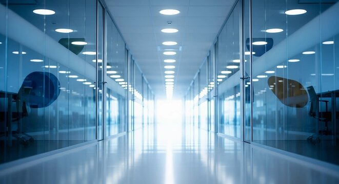 Modern office hallway with glass walls and bright lights, creating a sleek and professional atmosphere for employees and visitors alike.