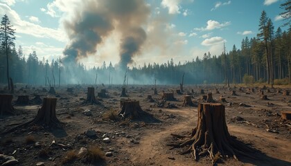 Large area with many tree stumps and smoke rising in distance. Forest logged clear showing stumps and debris under blue sky with clouds. Scene looks barren.