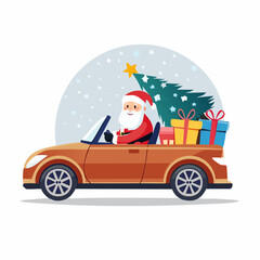 Festive Santa Claus Driving Convertible Car with Christmas Tree and Presents