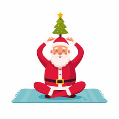 Santa Claus Doing Yoga with Christmas Tree on Head