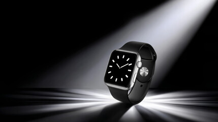 Sleek black smartwatch with a minimalist design, illuminated by a spotlight, showcasing its modern features and elegant style in a dramatic lighting setup