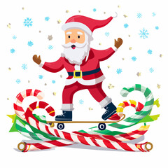 Santa Claus Skateboarding on Festive Candy Canes