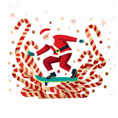 Dynamic Santa Claus Skateboarding Through Festive Candy Canes