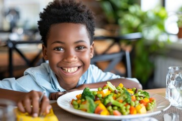 Happy child enjoying a healthy meal with vegetables