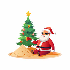 Santa Claus Relaxing on Tropical Beach with Sand Christmas Tree