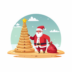 Santa Claus Building Sand Christmas Tree on a Tropical Beach