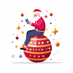Modern Santa Claus Checking Smartphone on Giant Christmas Bauble
