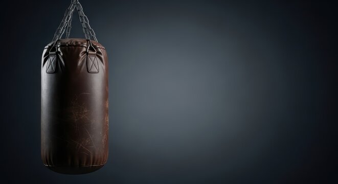 Worn leather punching bag hanging against dark background