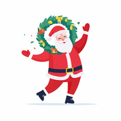 Jolly Santa Claus Dancing with Christmas Wreath