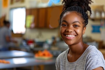 Teen girl smiling happily in a kitchen environment