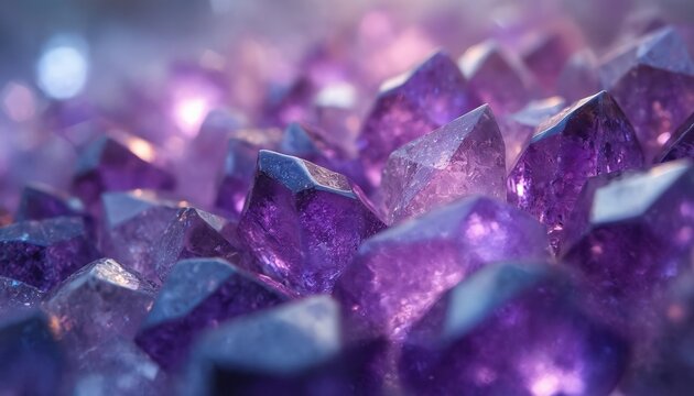 Close up photo of amethyst crystals. The image reveals vibrant purple gems in detail. Minerals shimmer and sparkle. The texture is captivating. The crystals present facets and gradients.