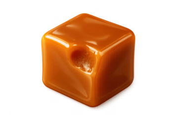 Bitten caramel toffee cube with transparent background