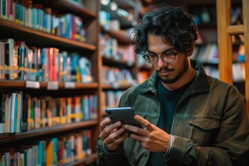 Young adult man using smartphone in a library while focused