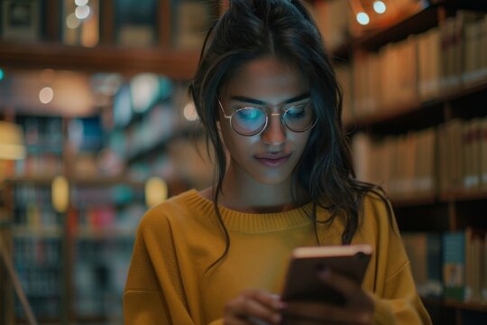 Young woman using smartphone in a library while focused and engaged