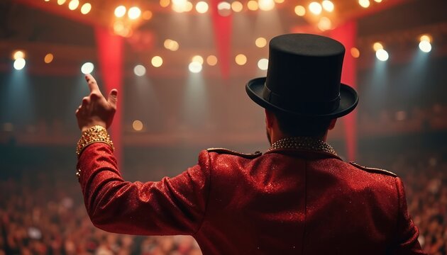 Ringmaster in red coat and black top hat points to audience. Man in gold jewelry performs in circus arena with bright lights. Crowd watches show in background.