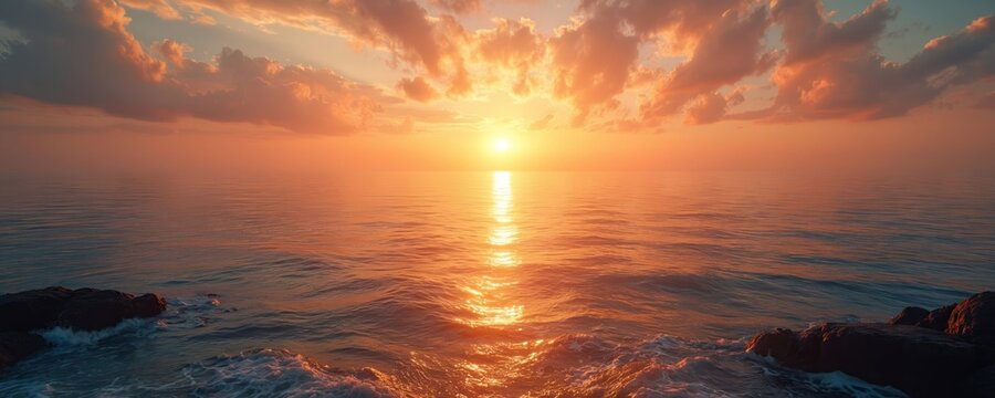 Golden sunset over calm ocean with colorful clouds above horizon. Bright sun reflects on sea surface creating shimmering light path. Serene water waves splash on rocks at empty beach. Peaceful