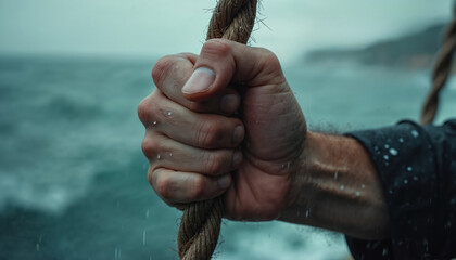 Close up strong hand grips rough rope, battling ocean waves and heavy rain. Person shows determination, strength against stormy weather, marine adventure. Grit, endurance, survival, intense struggle.