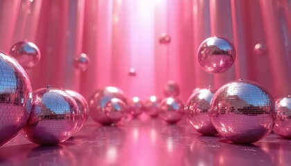 Pink disco balls float and rest on shiny surface against draped fabric backdrop with soft light beams. Retro party ambiance, celebration mood, vibrant celebration.