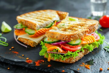 Delicious grilled sandwiches with fresh vegetables on a slate board