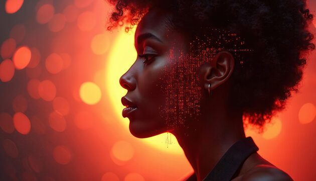 Afro black woman profile, face shows glowing red digital data patterns. Deeply thinks about future tech, innovation, AI cyber world systems. Mind connection, processing, digital era progress.