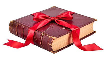 Vintage leather-bound book elegantly tied with a red silk ribbon on a transparent background