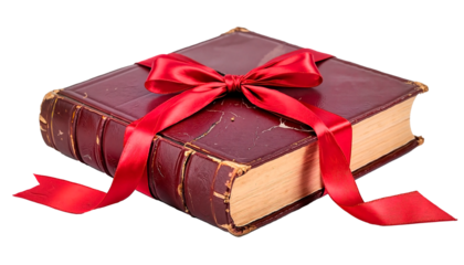 Vintage leather-bound book elegantly tied with a red silk ribbon on a transparent background
