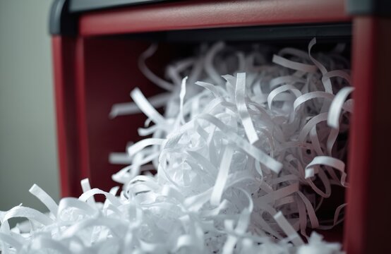 White shredded paper exits red office shredder machine. Important documents cut into strips for privacy protection. Action ensures secure info destruction, data confidentiality, preventing identity