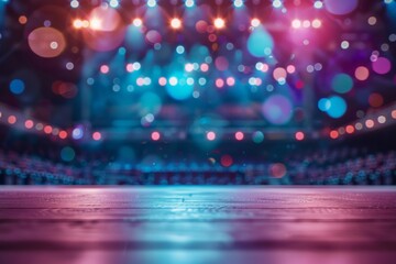 Colorful stage lights illuminating an empty concert venue