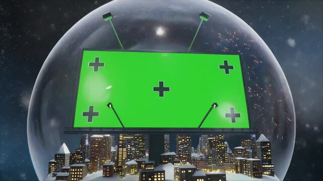 Holiday Snow Globe with Cityscape, Fireworks, and Green Screen Billboard Display