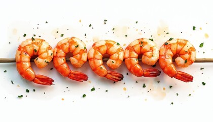 Five juicy grilled shrimp skewers rest on plain white surface. Garnished with fresh green herbs, sprinkled pepper flakes, seafood delights offer vibrant, appetizing culinary visual perfect for menus