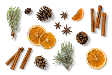 Collection of natural winter and Christmas elements, including dried orange slices, cinnamon sticks, pine cones, star anise, and spruce branches isolated on a transparent background, PNG. High Res.