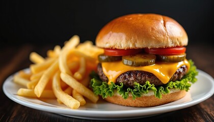Delicious burger with melted cheese pickles and tomatoes. French fries are served on a white plate. Fast food meal for lunch or dinner is ready.