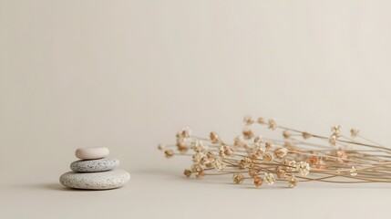 A serene minimalist composition featuring stacked smooth stones and delicate dried flowers arranged on a soft beige surface, evoking calm balance, natural harmony, and peaceful zen aesthetics