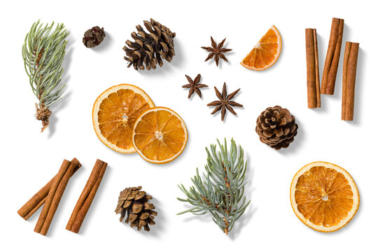 Collection of natural winter and Christmas elements, including dried orange slices, cinnamon sticks, pine cones, star anise, and spruce branches isolated on a transparent background, PNG. High Res.