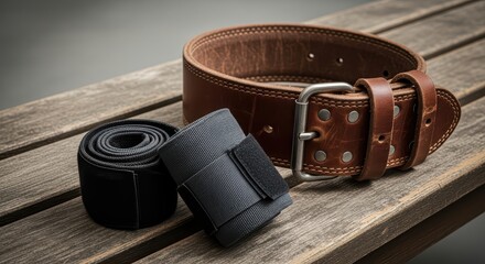 Heavy duty leather belt and elastic wrist wraps on wooden surface