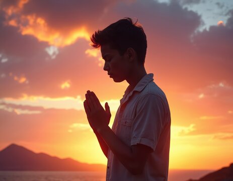 Teenage boy prays hands together at sunset with fiery orange sky and mountains. Adolescent boy in silhouette meditates by calm sea, contemplating life and nature beauty.