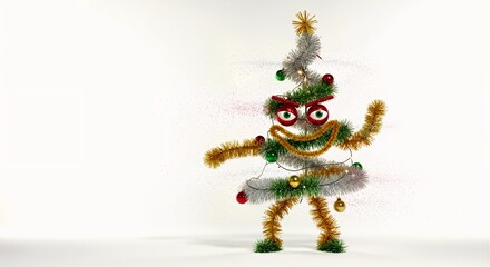 Funny angry Christmas tree monster character made of tinsel and decorations. Quirky handmade holiday craft with a mischievous expression. Isolated on white background with copy space