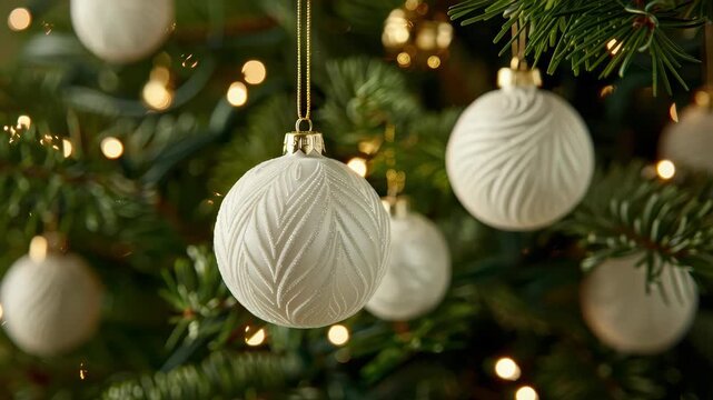 Holiday Ornament Delight: Close-up shot of elegant, intricately designed, white ornaments adorning a lush evergreen tree, shimmering softly beneath the festive lights.